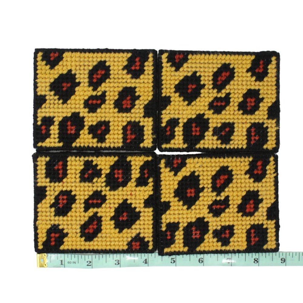 Handmade Leopard Animal Print Stitched Yarn Needlepoint Plastic Canvas Coasters - Picture 3 of 3